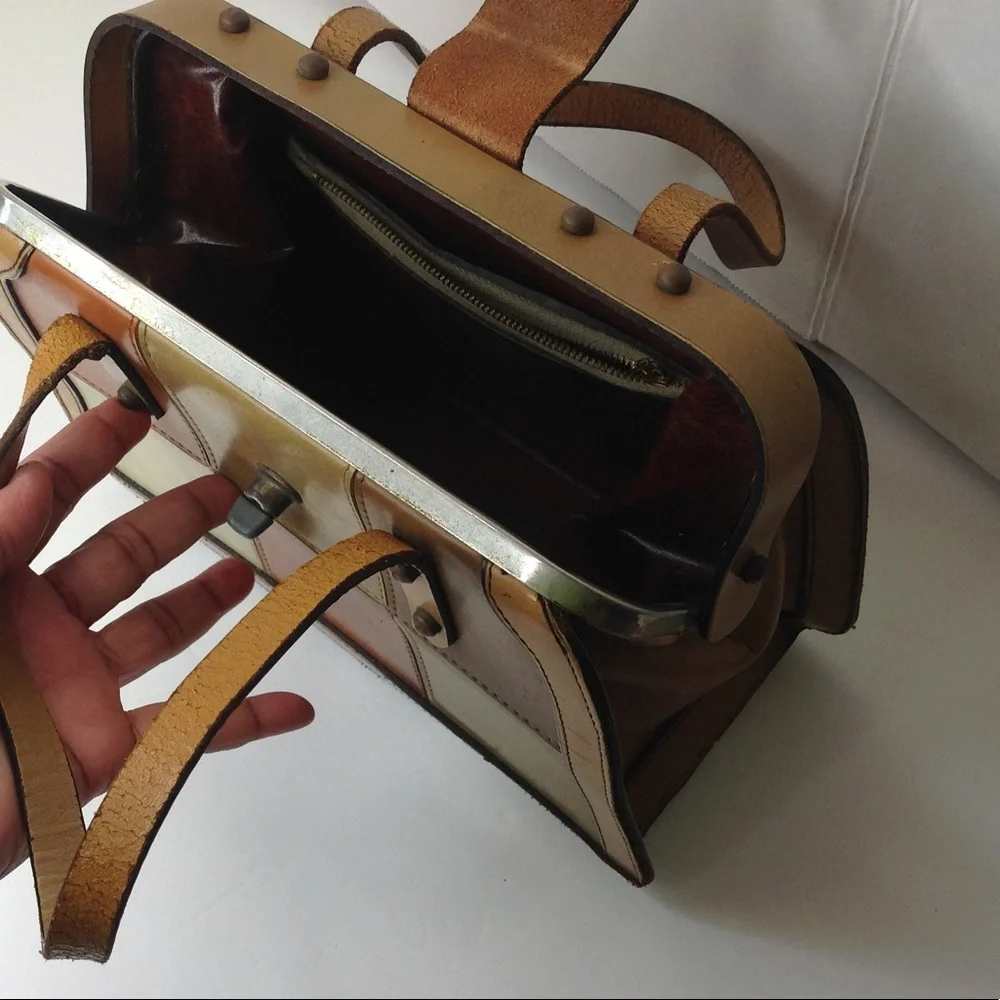 1980's Green Handbag Tan Color Block Leather
